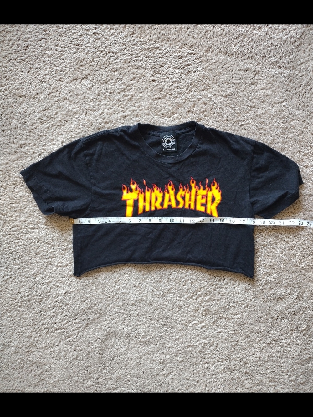 Thrasher Women's Black Cropped Tee with Yellow-Orange Flame Logo - Picture 2 of 7